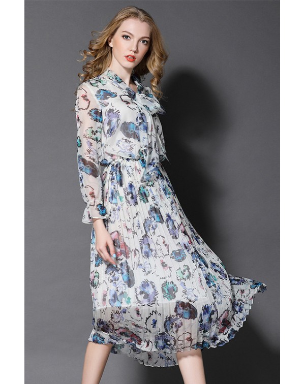 Bow Collar Floral Pleated Dress